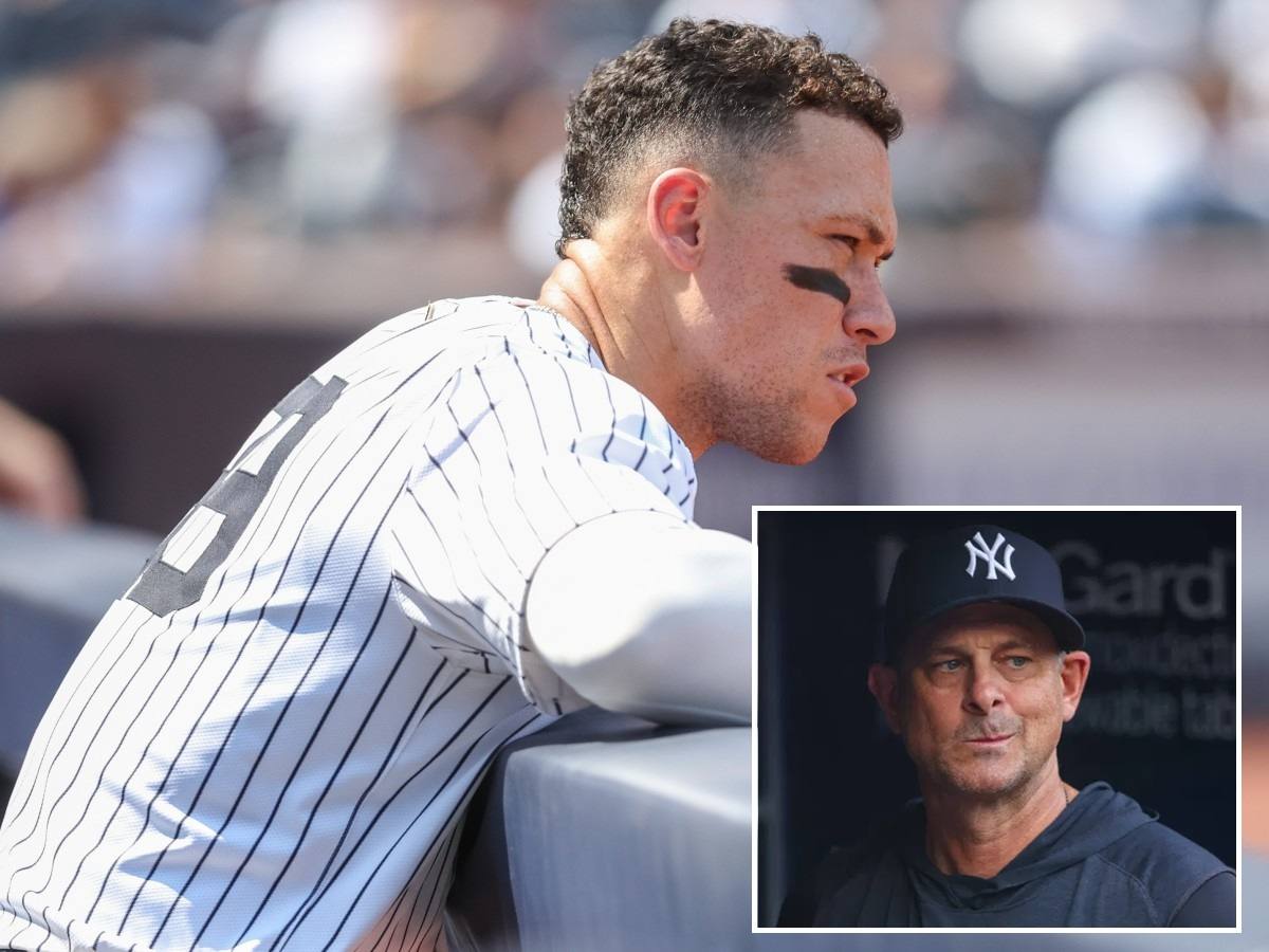 Aaron Judge reacts after the Yankees' 1-7 loss to the Astros on August 10, 2025, in New York. Inset: Aaon Boone