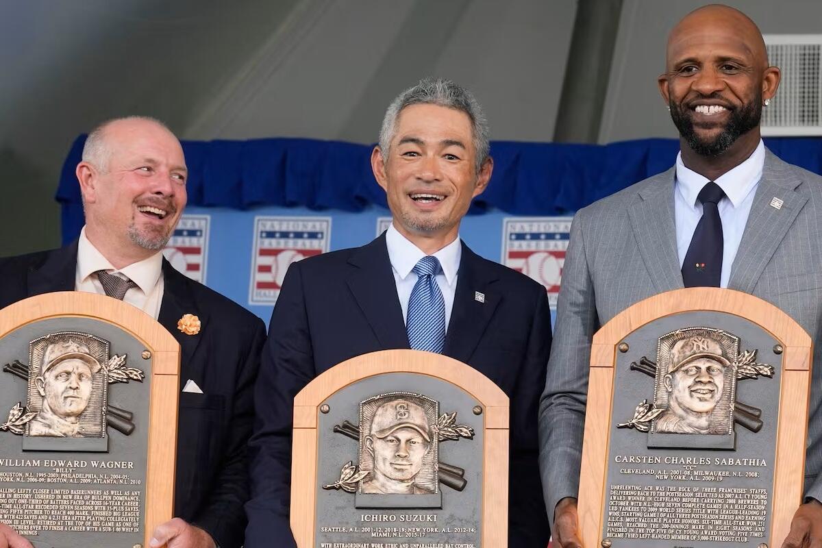 Baseball Hall of Fame inductees, from left, Billy Wagner, Ichiro Suzuki, and CC Sabathia entered the hallowed Hall on Sunday alongside the late Dick Allen and Dave Parker.