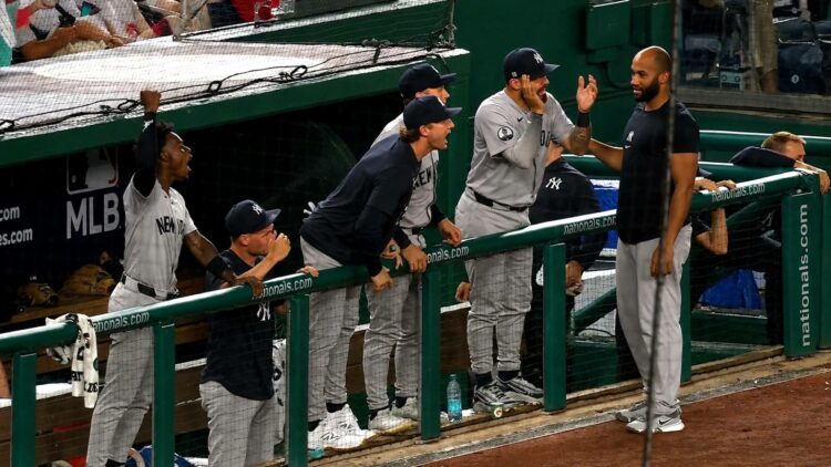 Ryan McMahon and the dugout react to Jazz Chisholm's go-head homer in the 9th in the Yankees' 5-3 win over the Nationals in Washington, D.C., July 10, 2026.